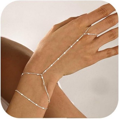 Bracelets for Women 14K Gold Silver Plated Ring Bracelet Hand Chain Dainty Evil Eye Heart Clover