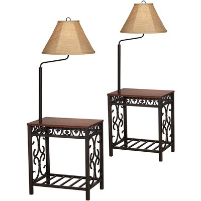 Regency Hill Travata Rustic Vintage Floor Lamps with End Tables 54" Tall Set of 2 Bronze Scrollwork Swing Arm Burlap Fabric Shade for Living Room Home