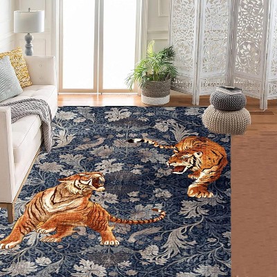Washable Rugs Modern Tiger Rug Non-Slip Boho Vintage Floral Print Low Pile Stain Resistant Carpet for Bedroom Living Room