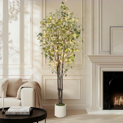 Artificial Eucalyptus Tree, Fake Artificial Plant with White Planter，Large Faux Floor Plant Fake Trees with Lights Artificial Trees for Home Decor