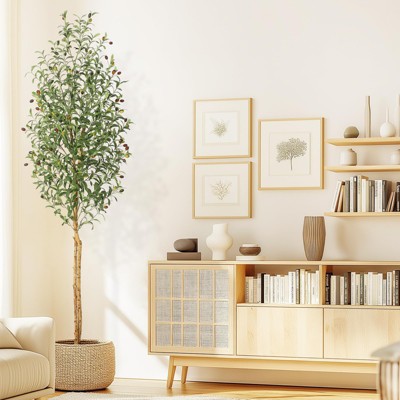 Faux Olive Tree,Tall Artificial Tree Indoor with 2 Natural Wood Trunks, Fake Plants Potted in White Planter
