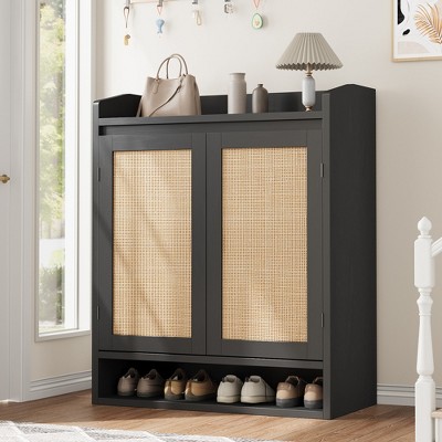 Rattan Shoe Cabinet with 2 Doors, Wooden Shoe Storage Organizer with Adjustable Shelves, 5-Tier Storage for Entryway, Living Room