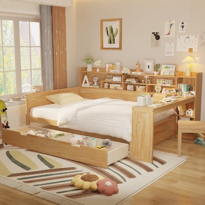 Twin/Full Size Wooden Daybed with Storage Shelves, Multi-Functional Bed with 2 Storage Drawers and Study Desk - ModernLuxe