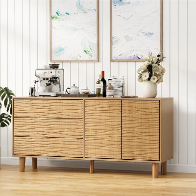 Modern Sideboard Buffet Cabinet with Undulating Fluted Design,Buffet Cabinet with 3 Drawers & 2 Doors