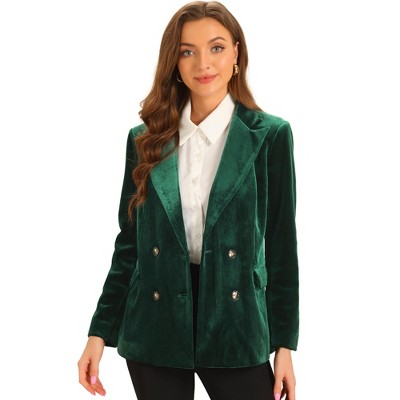 Allegra K Women's Notched Lapel Button Front Long Sleeve Double Breasted Velvet Blazer