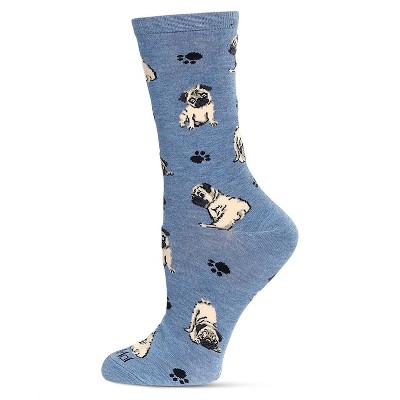 Memoi Women's Pugs Bamboo Crew Socks Denim Heather 9-11