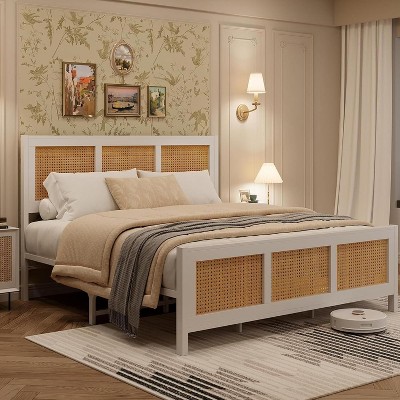 Full Size Bed Frame with Headboard, Bohemian Rattan Platform Bed Frame with Strong Metal Slats Support No Box Spring Needed Noise-Free Design Black