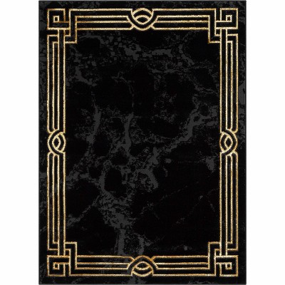 Well Woven Lezlee Grey Gold Retro Border Marble Area Rug