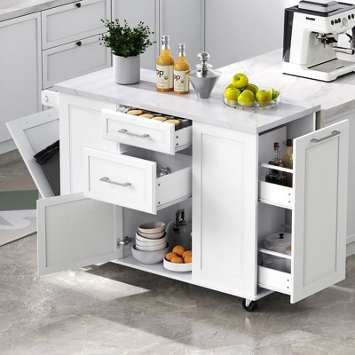 LOVSON 50.7''mobile kitchen island with tilting trash bin and pull-out storage space, two drawers, suitable for kitchens, dining rooms, white