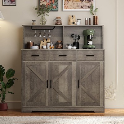 59" Farmhouse Sideboard Buffet Cabinet with Barn Doors, 3 Drawers & Shelves, Microwave Stand, Modern Storage for Kitchen or Dining Room