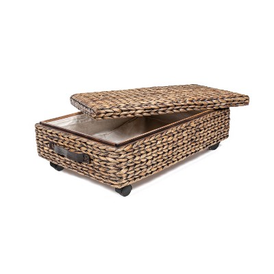 happimess Chett Minimalist Hand-Woven Hyacinth/Wood Underbed Storage Bin with Wheels and Handles