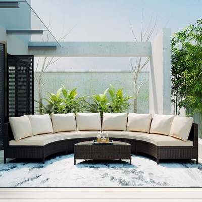 Whisen Pieces Outdoor PE Rattan Wicker Sofa Set, Patio Half-Moon Sofa Set with Tempered Glass Table
