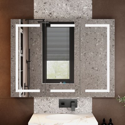Famapy White Anti-Fog Bathroom Medicine Cabinet with Lights and Two Mirror Doors