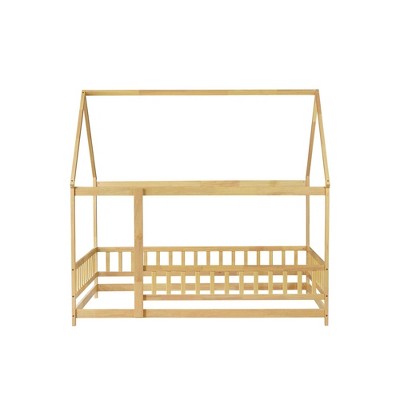 YOOCOZZ Full Size House Floor Bed with Roof and Safety Guardrails