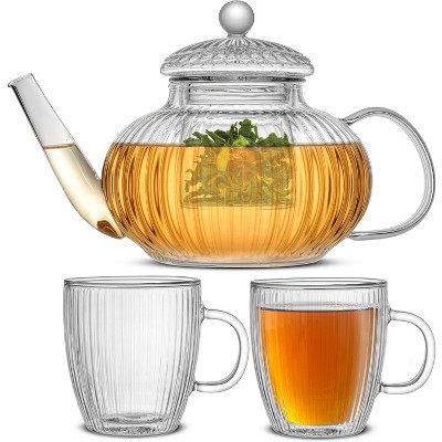 JoyJolt Fluted Tea Kettle & 2 Fluted 13.5 oz Double Walled Coffee Mugs Set