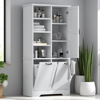 Tall Bathroom Storage Cabinet with Door, 2 Tilt-Out Laundry Hampers, Adjustable Shelves & Open Rack for Bathroom or Laundry Room