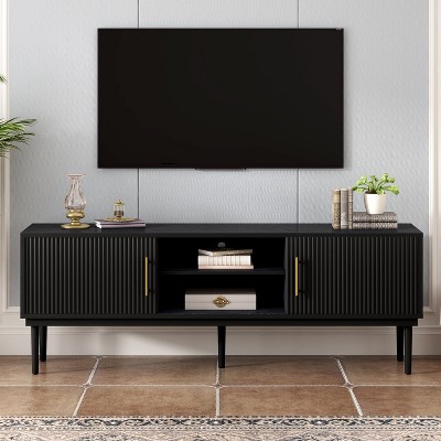 ORRD Mirod Stylish TV Stand with Vertical Striped Sliding Doors, Solid Wood Legs, Versatile as TV Console or Side Cabinet