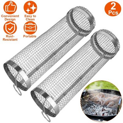 iMountek 2-Pack Portable BBQ Rolling Basket, 3.42"x11.61" Round Stainless Steel Grill Mesh with Removable Cover for Outdoor Camping - Silver