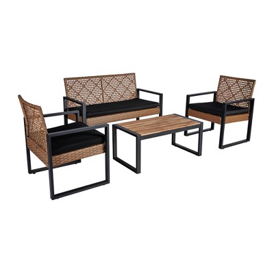 TiramisuBest 4-Piece Patio Furniture Set Outdoor Balcony Porch Garden Backyard Lawn Furniture Acacia Wood Table Top, Morden Black and Light Brown