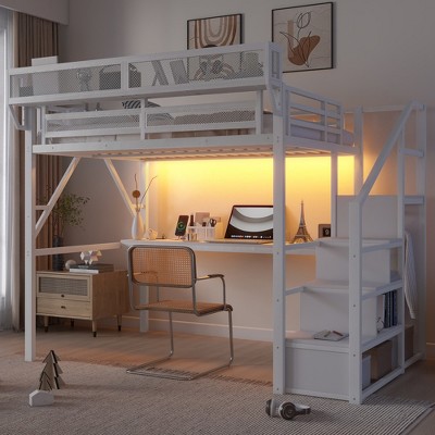 Full Size Metal Loft Bed with Stairs and Light for Kids