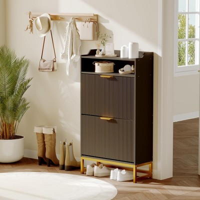 Fluted Shoe Cabinet Storage for Entryway, Wood Shoe Rack with 2 Flip Drawers and Open Shelf, Modern Entryway Organizer