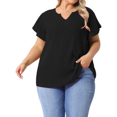 Agnes Orinda Women's Plus Size Textured V Neck Ruffle Short Sleeve Casual Tops