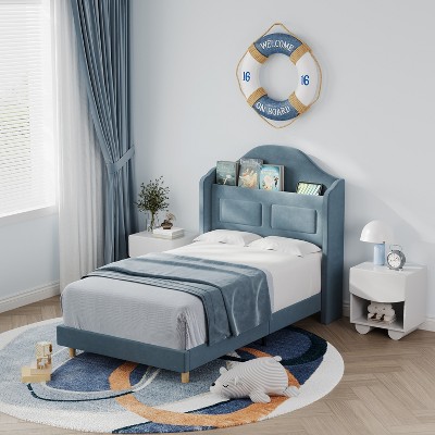 CuisinSmart Upholstered Twin Bed Frame, Stylish Velvet Platform Bed, Wingback Storage Headboard, Wooden Slats Support, No Box Spring Needed