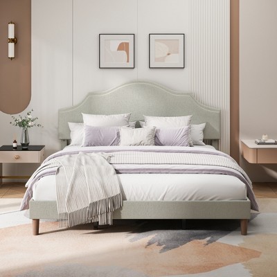 Queen/King Size Upholstered Platform Bed Frame with Adjustable Headboard, Linen Fabric Padded, No Box Spring Needed, Beige-ModernLuxe