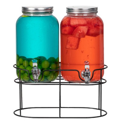 Basicwise Versatile Glass Drink Dispenser Set with Metal Stand & Stainless Steel Spigots - Ideal for Serving Beverages,Lemonade and Juice at Picnics