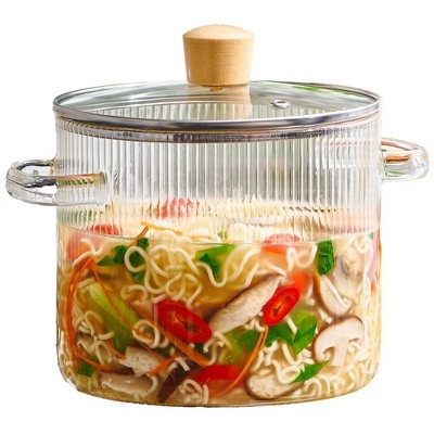 Le'raze Glass Ribbed Cooking Pot with Lid - 2L(68oz) - Heat Resistant Borosilicate Glass