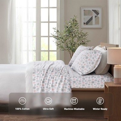 4 Pcs Ultra-Soft Novelty Printed Cotton Flannel Bedding Set, Premium Cozy Sheet Set for All Seasons, Queen / King Fitted Sheet, Flat Sheet