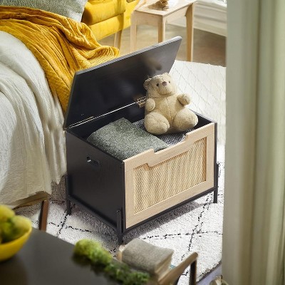 Rattan Storage Bench with Safety Hinge, 23.6/39.4 in Entryway Bench with Storage, Shoe Storage Bench Chest, End of Bed Bench with Side Handles