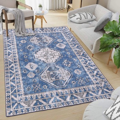 Blue Floral Printes Indoor Ultra Thin Area Rug Non Slip Washable Low Pile Stain Resistant Carpet for Living Room Bedroom Kitchen Entryway