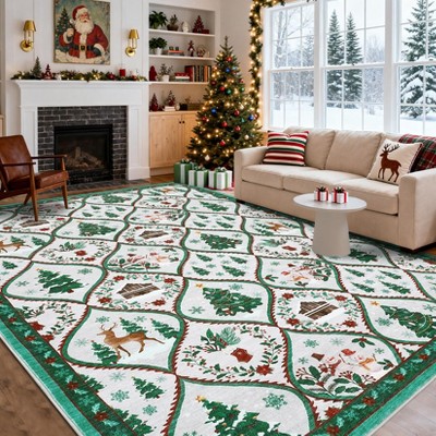 Christmas Area Rug, Xmas Theme Print Throw Carpet with Non Slip Backing, Low Pile Stain Resistant Floor Carpet for Living Room, Bedroom