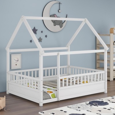 Accent Bed Frame Modern Wood Grain Design with Fence Guardrails for Kids Bedroom Full Size - 3irtyhousy