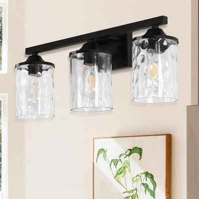 DORESshop 23.2 in. 3-Light Matte Black Linear Classic Modern Bathroom Vanity Light Wall Light with Clear Hammered Glass Shades