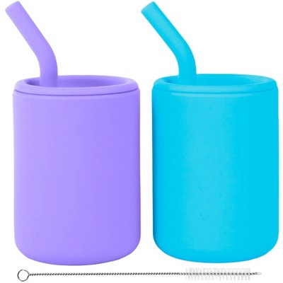 WeeSprout Silicone Baby Cups With Straws and Lids, 4 & 8 oz Options, Set of 2, Food Grade Toddler Training Container, Built In Straw Stoppers