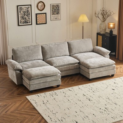 Karl Home |120 in. W Pillow Top Arm Double-layer Cushion Chenille Sofa in Blue With Ottoman