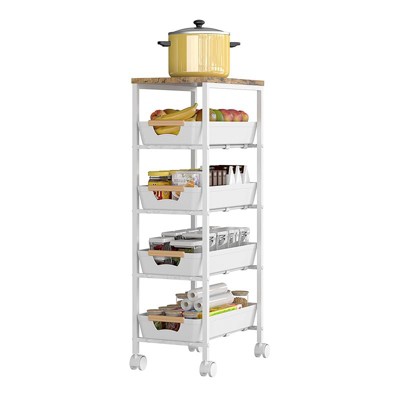 5 Tier Kitchen Rolling Carts, Metal Slim Storage Utility Cart Mobile Shelving Unit with Wood Top & Plastic Shelf for Bathroom Organizer Kitchen