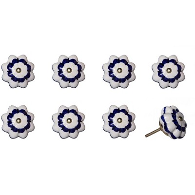 HomeRoots Set of Eight Blue And White Ceramic And Metal Drawer Pull Knobs