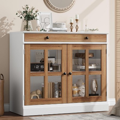 Acekool Sideboard Buffet Cabinet with Glass Doors, Drawer & Adjustable Shelves, 35.4" Modern Storage Cabinet for Dining Room Kitchen, White