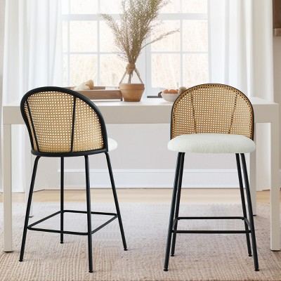 Jules Set of 2 Mesh Rattan Backrest Counter Stools with Back, Armless Upholstered Boucle Fabric And Black Metal Base-The Pop Home