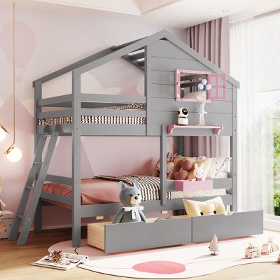 Twin Over Twin Bunk Bed with 2 Drawers, Storage Box and Shelf
