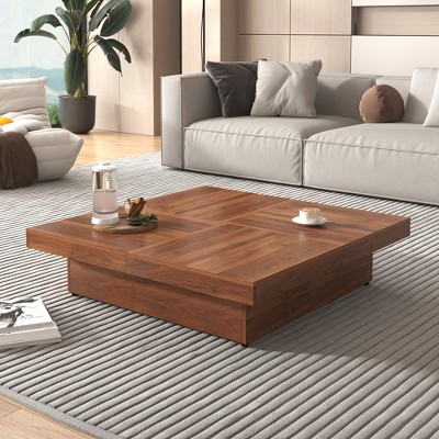 39"W Square Coffee Table Cocktail Table Center Table with Sliding Top, Storage Space and White Marble Veneer/Walnut Grain Veneer-ModernLuxe