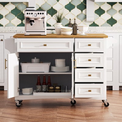 Whisen 52'' Kitchen Island with Drop Leaf, Built-in Racks, Drawers and Adjustable Shelf, Kitchen Island on Wheels
