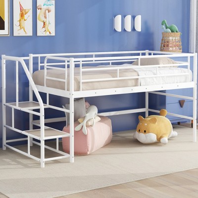 Twin Size Metal Loft Bed with Storage Stairs for Bedroom