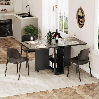Compact Foldable Dining Table with Drop Leaf, 6 Wheels, 2-Tier Storage Shelves, Extendable Design for Small Apartments, Grey