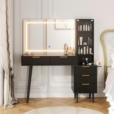 48" Makeup Vanity with 36" Mirror and Light, 3 Color Modes, Glass Top Dressing Table with 5 Drawers, 3 Shelves and Built-in Outlets for Bedroom