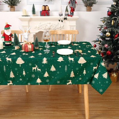 Christmas Tablecloth – Festive Deer, Pine Trees & Snowflakes Design, Waterproof Winter Holiday Dining Decor