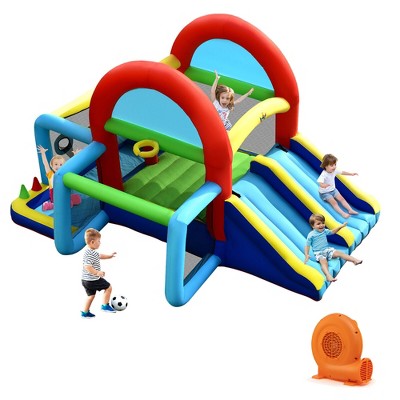 Tangkula  Inflatable Bounce House 7-in-1 Kids Bouncer w/ Dual Slides Jumping Area Football Goal Basketball Hoop Ball Pit w/ Dual Slides & 550W Blower
